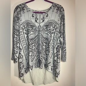 Rose + Olive 3/4 Sleeve & Split Back Overlay Top   Size XL. EUC